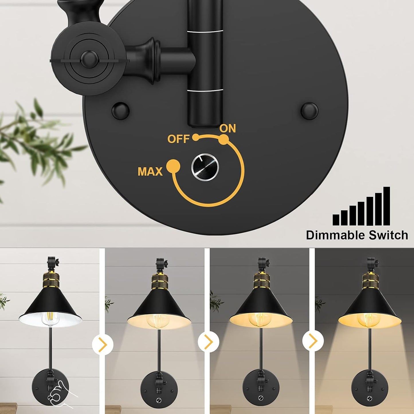 Bai Source Plug in Wall Sconces, Dimmable Wall Sconce with Switch Two Swing Arm Wall Lights Plug in Wall Mounted Fixture Industrial