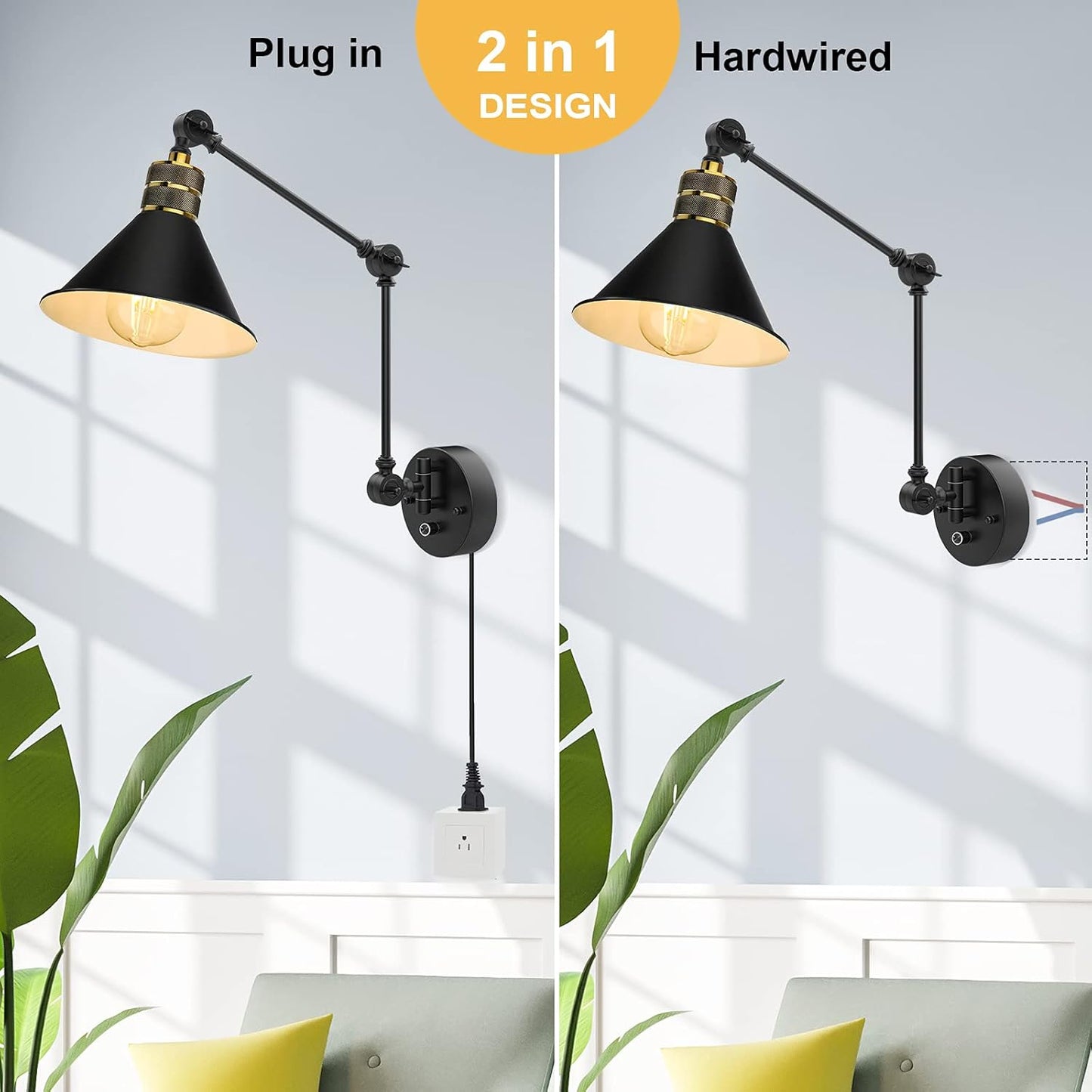 Bai Source Plug in Wall Sconces, Dimmable Wall Sconce with Switch Two Swing Arm Wall Lights Plug in Wall Mounted Fixture Industrial