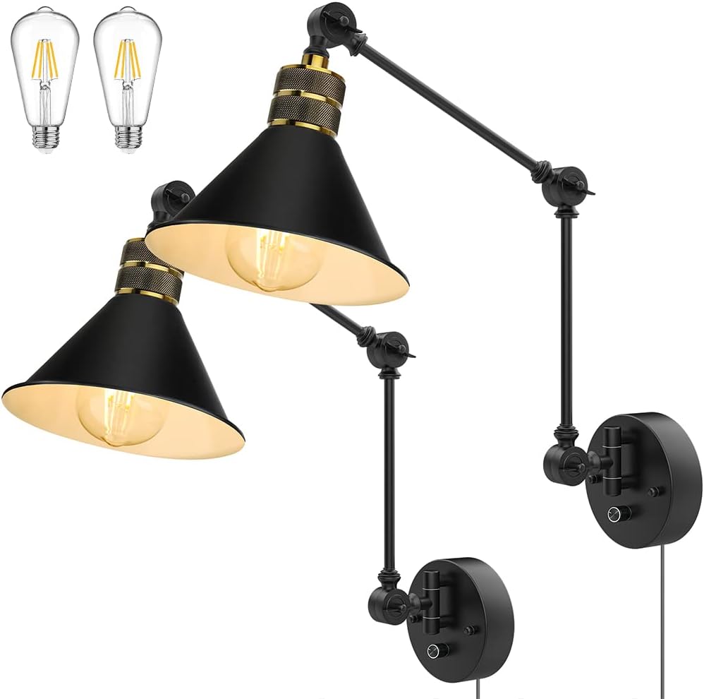 Bai Source Plug in Wall Sconces, Dimmable Wall Sconce with Switch Two Swing Arm Wall Lights Plug in Wall Mounted Fixture Industrial