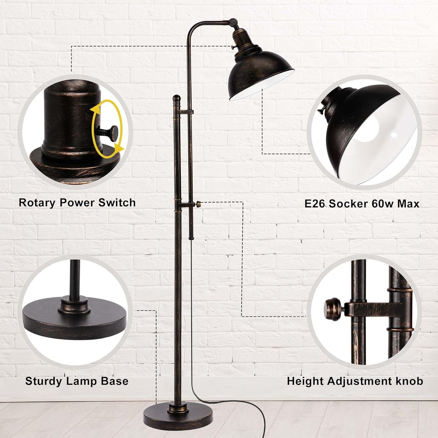 Bai Source Industrial Floor Lamp Adjustable, Rustic Farmhouse Reading Lamp