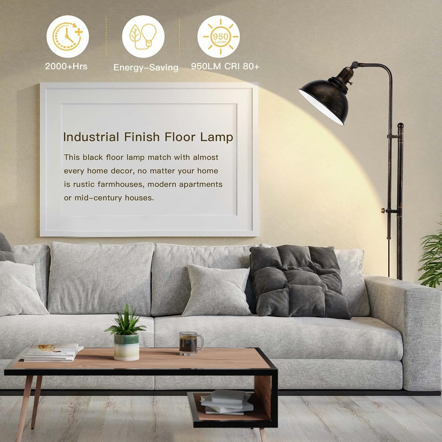 Bai Source Industrial Floor Lamp Adjustable, Rustic Farmhouse Reading Lamp