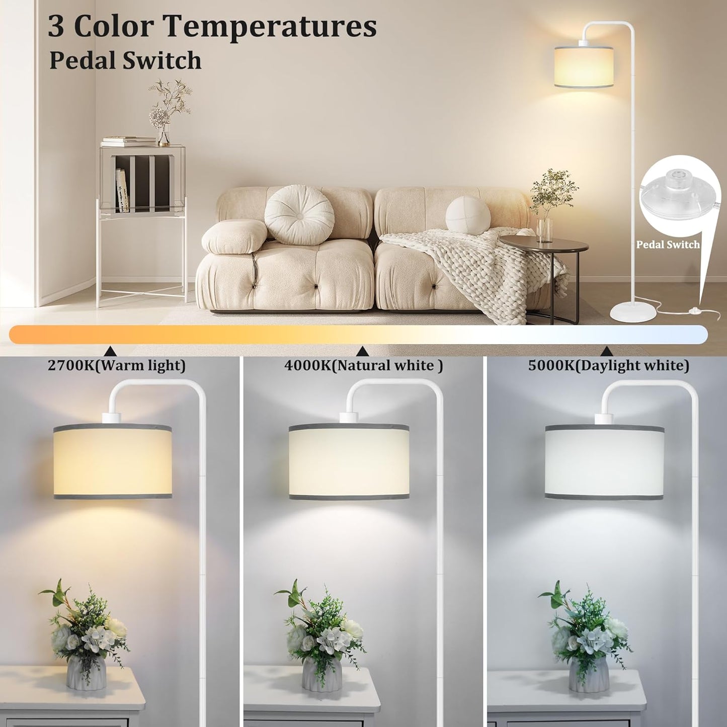Bai Source 3 Color Temperature Floor Lamp with Foot Switch Modern Standing Lamp Tall Pole Floor