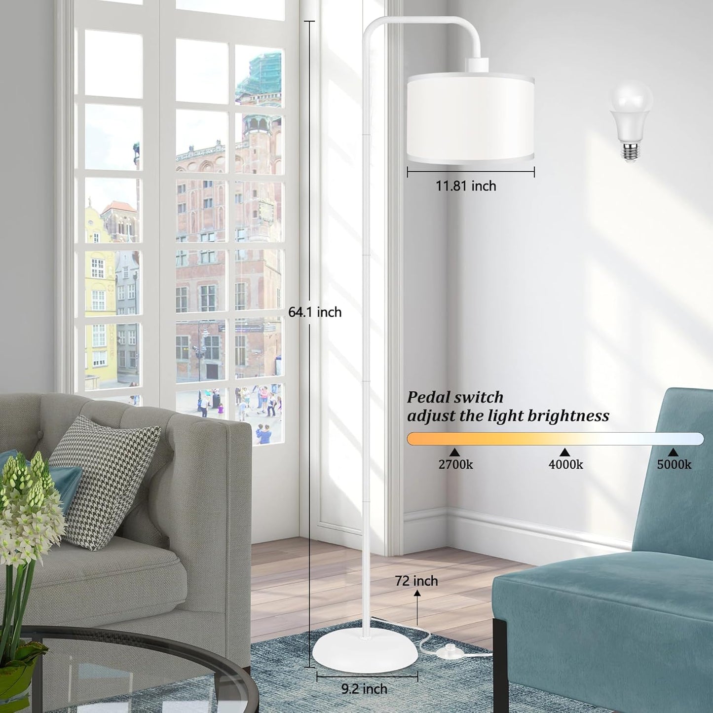 Bai Source 3 Color Temperature Floor Lamp with Foot Switch Modern Standing Lamp Tall Pole Floor
