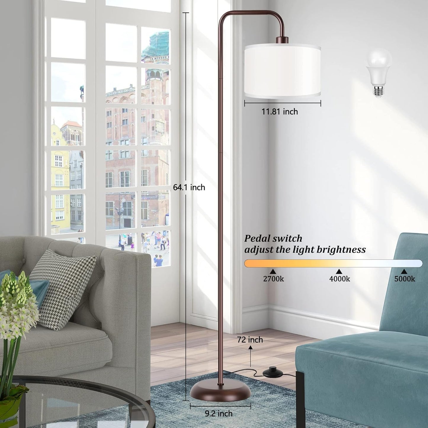Bai Source LED Floor Lamp for Living Room, 3 Color Temperature, with Foot Switch, 9W Bulb Included