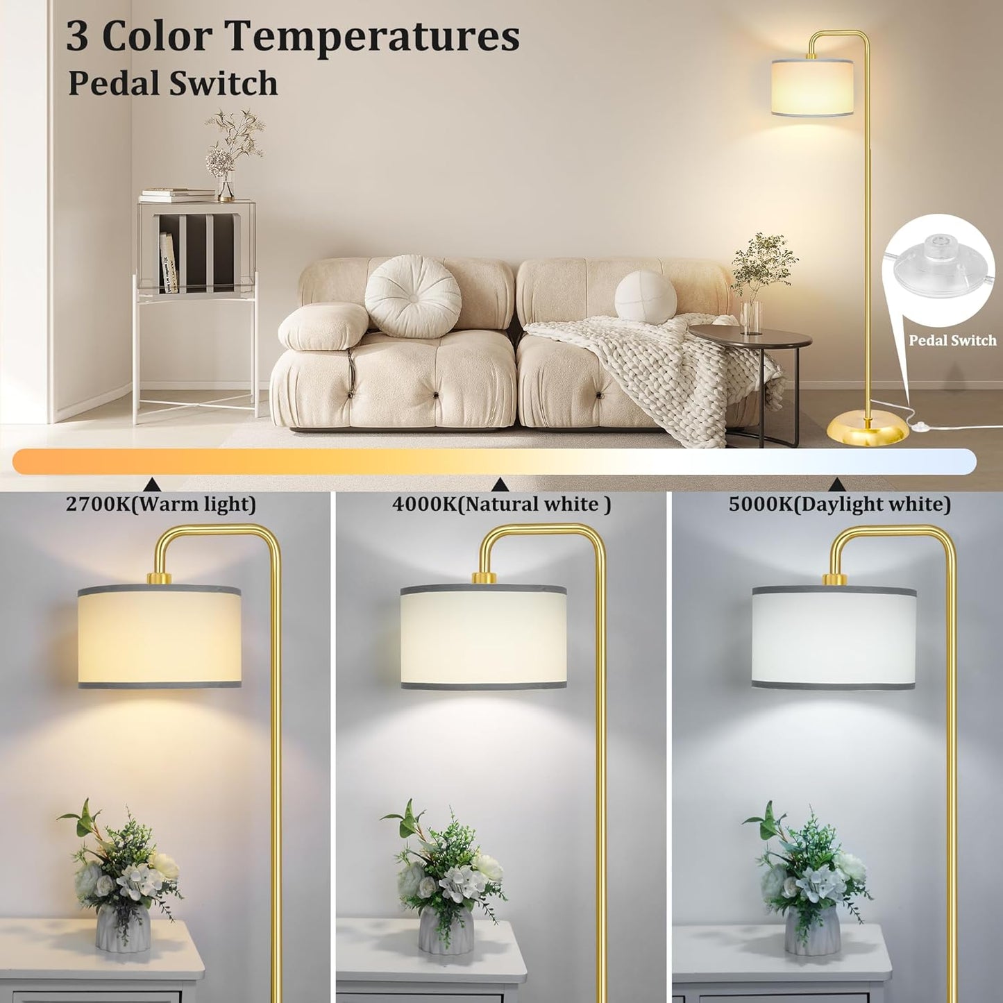 Bai Source 3 Color Temperature Floor Lamp with Foot Switch Modern Standing Lamp Tall Pole Floor Gold