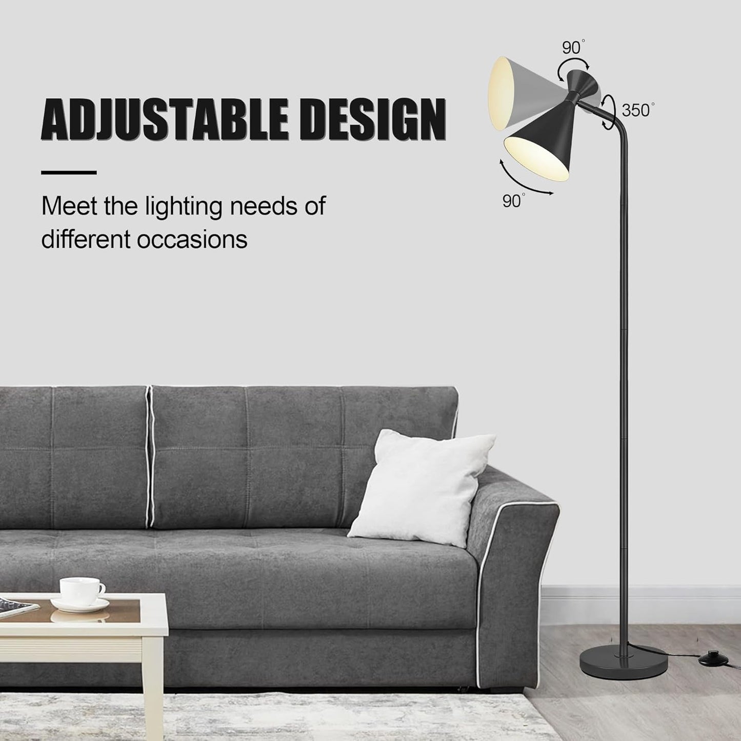 Bai Source Modern Adjustable Metal Heads Standing Lamps, Simple Design Black Floor Lamp