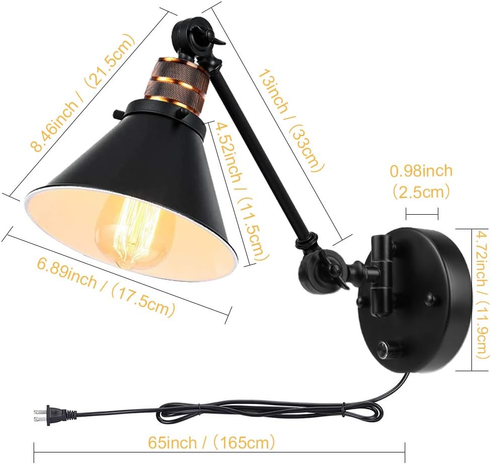 Bai Source Plug in Wall Sconces Swing Arm Wall Lamp with Dimmable On Off Switch, Metal Black Vintage Industrial Wall Mounted Lighting