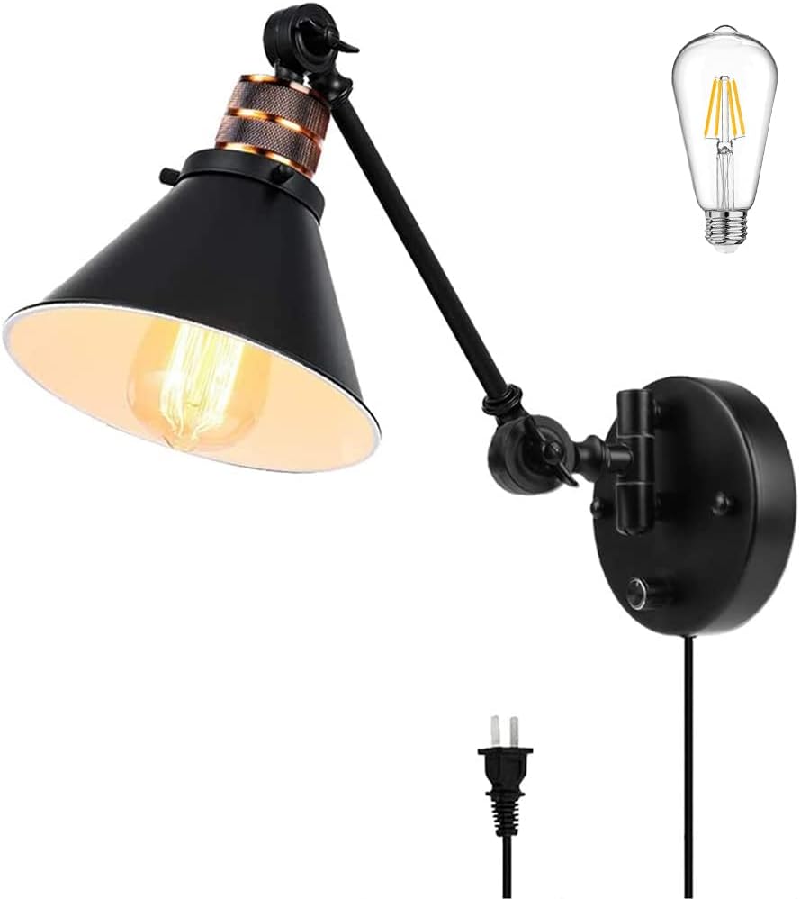 Bai Source Plug in Wall Sconces Swing Arm Wall Lamp with Dimmable On Off Switch, Metal Black Vintage Industrial Wall Mounted Lighting