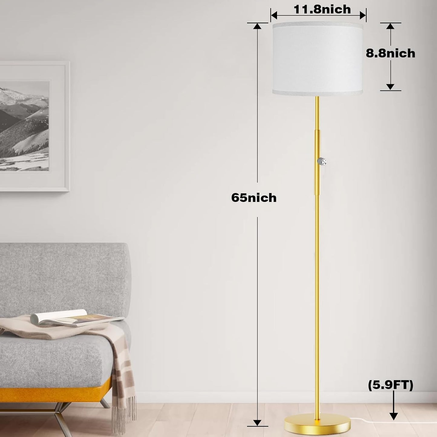 Bai Source Floor Lamp for Living Room Bedroom, 65’’ Modern Tall Lamp Simple Design Standing Lamps Gold