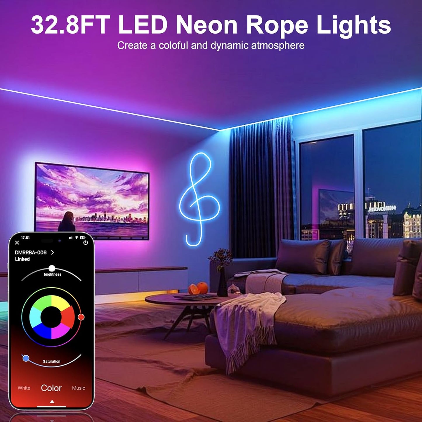 32.8Ft Waterproof RGB Neon Rope Light