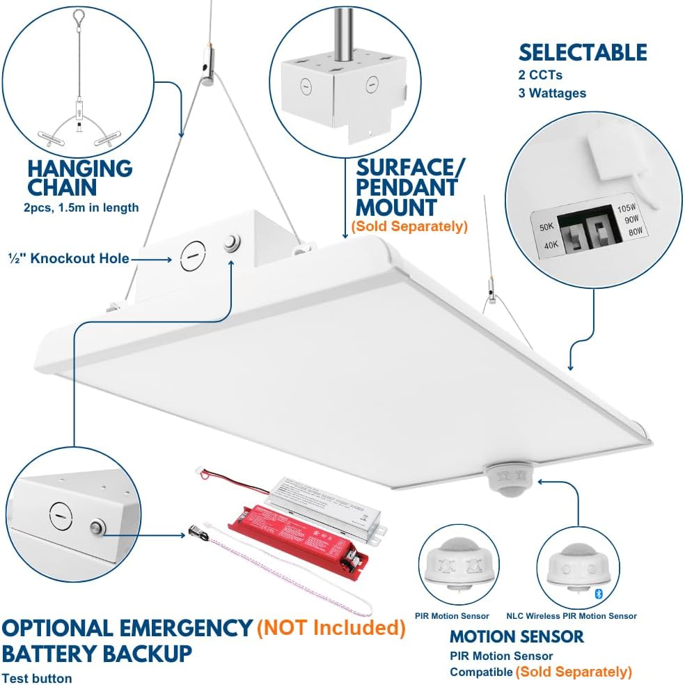 2FT LED Low Bay Light, 105W/90W/80W, 16,500LM