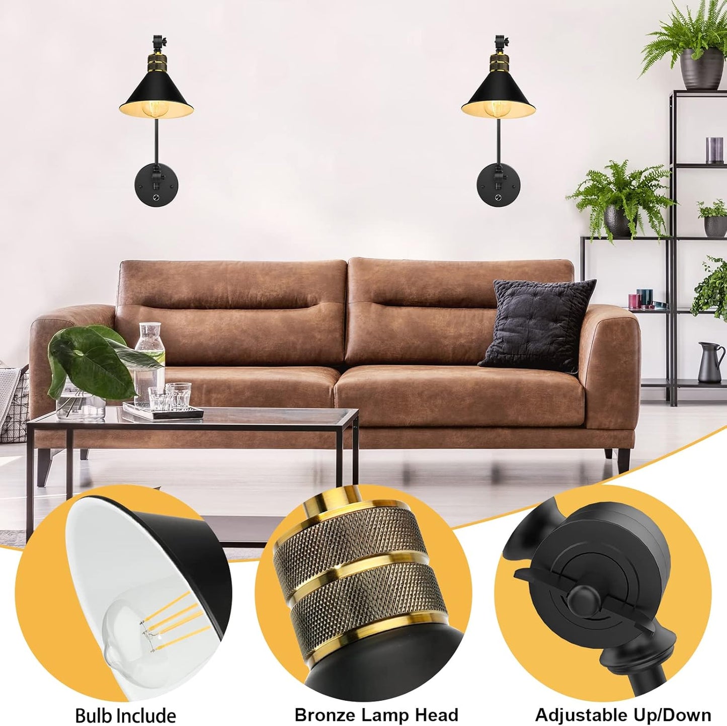 Bai Source Plug in Wall Sconces, Dimmable Wall Sconce with Switch Two Swing Arm Wall Lights Plug in Wall Mounted Fixture Industrial