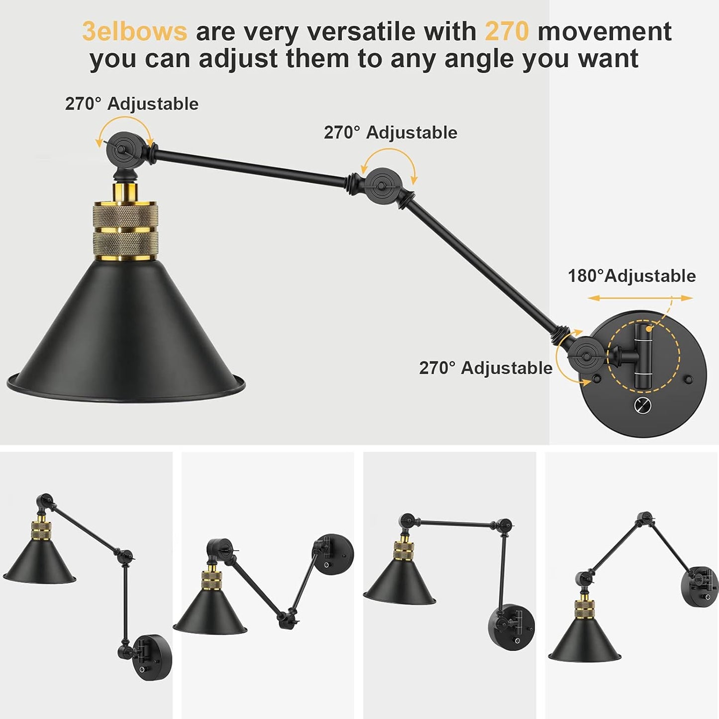Bai Source Plug in Wall Sconces, Dimmable Wall Sconce with Switch Two Swing Arm Wall Lights Plug in Wall Mounted Fixture Industrial