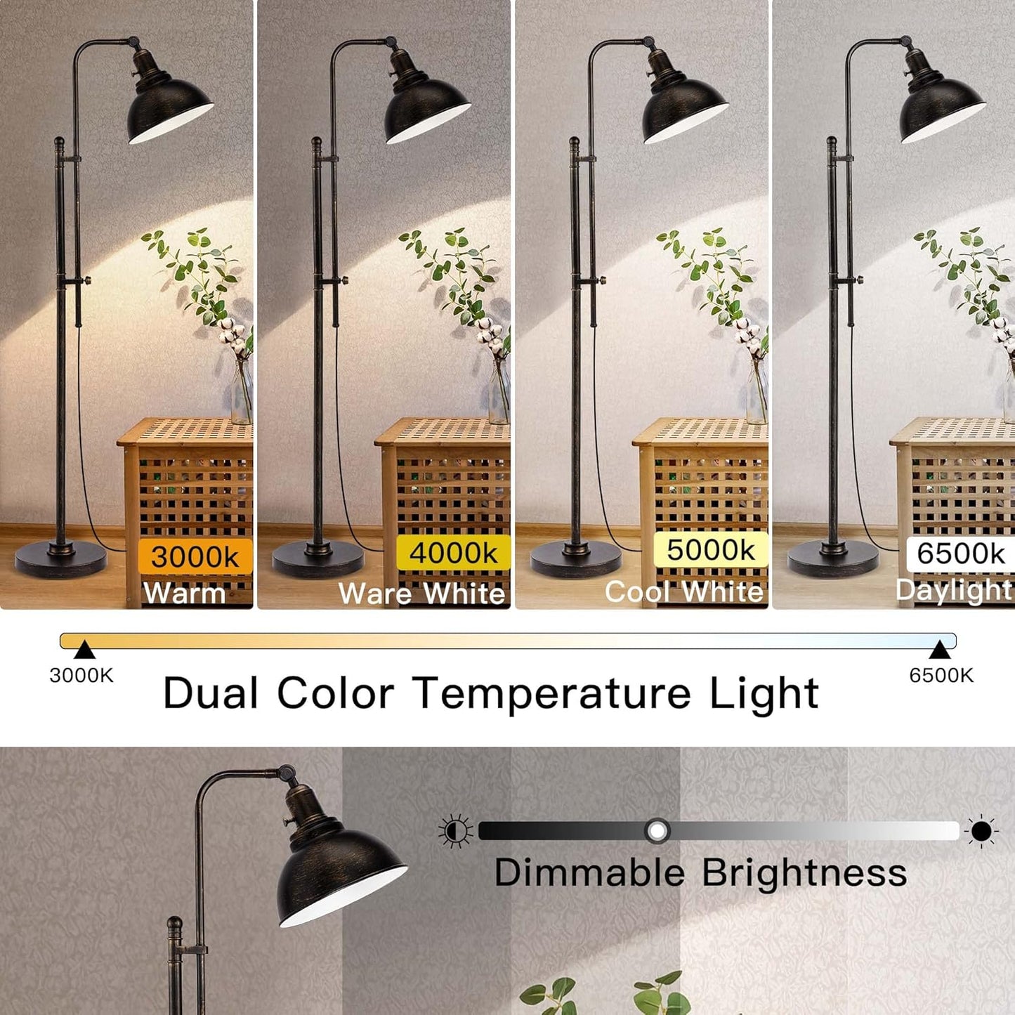 Bai Source Industrial Floor Lamp Adjustable, Rustic Farmhouse Reading Lamp