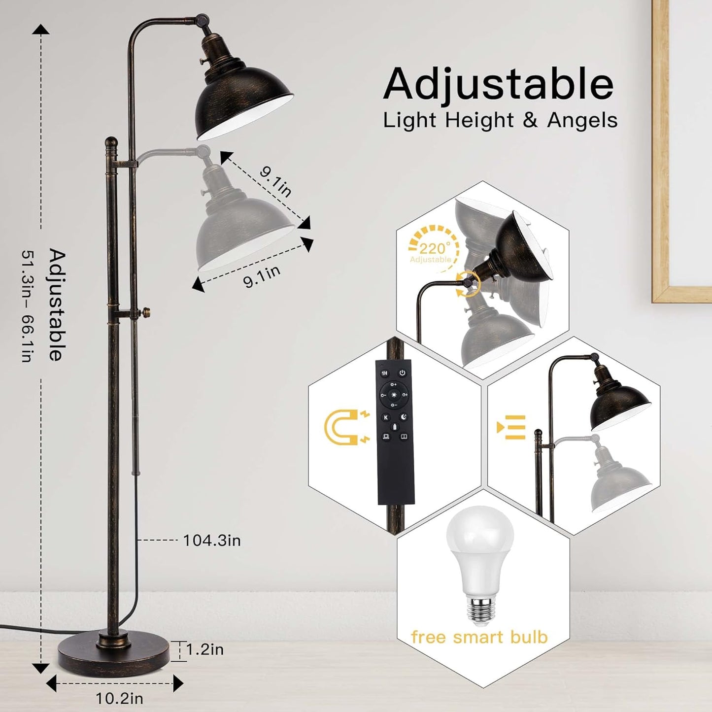 Bai Source Industrial Floor Lamp Adjustable, Rustic Farmhouse Reading Lamp
