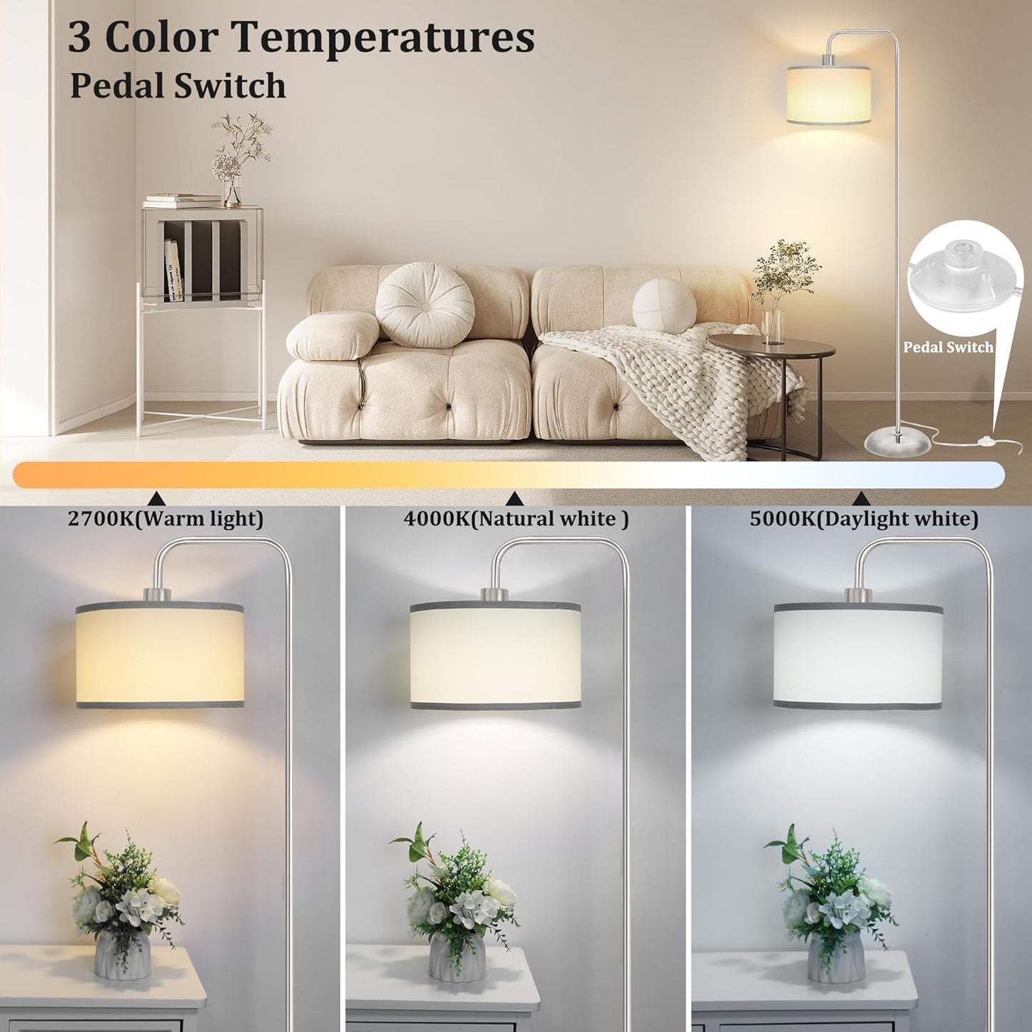 Bai Source LED 3 Color Temperature Floor Lamp with Foot Switch Modern Standing Lamp Tall Pole Floor