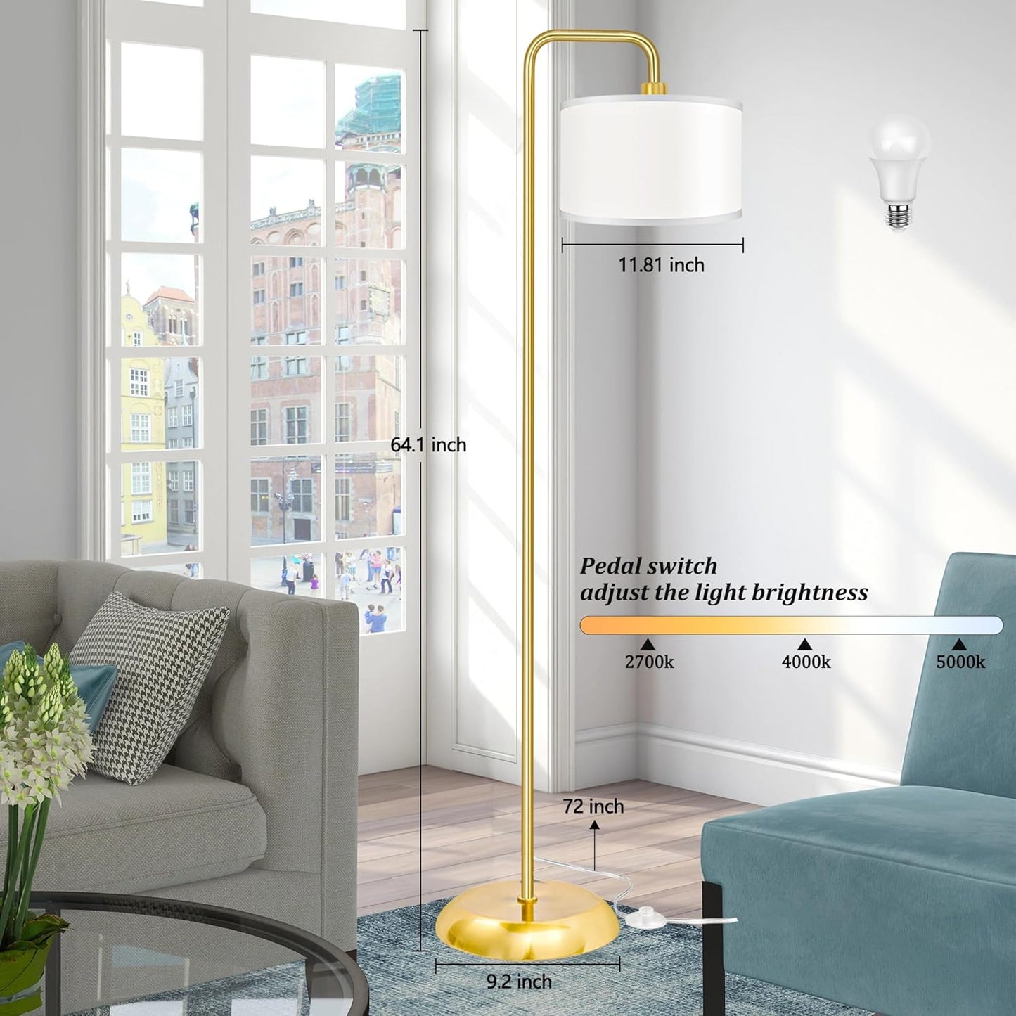 Bai Source 3 Color Temperature Floor Lamp with Foot Switch Modern Standing Lamp Tall Pole Floor Gold