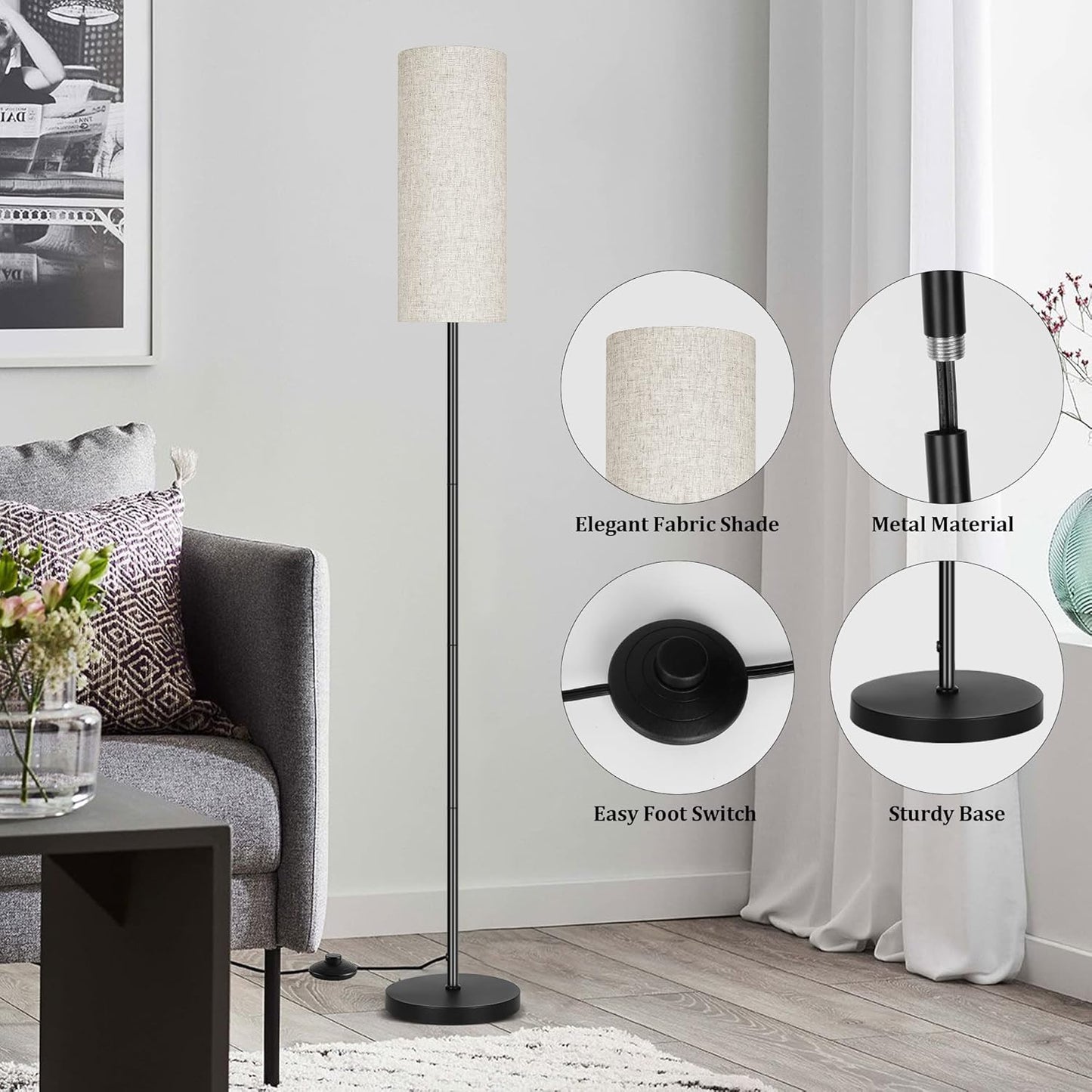 Bai Source Floor Lamp for Living Room, Modern Standing Lamps with Lampshade Biege