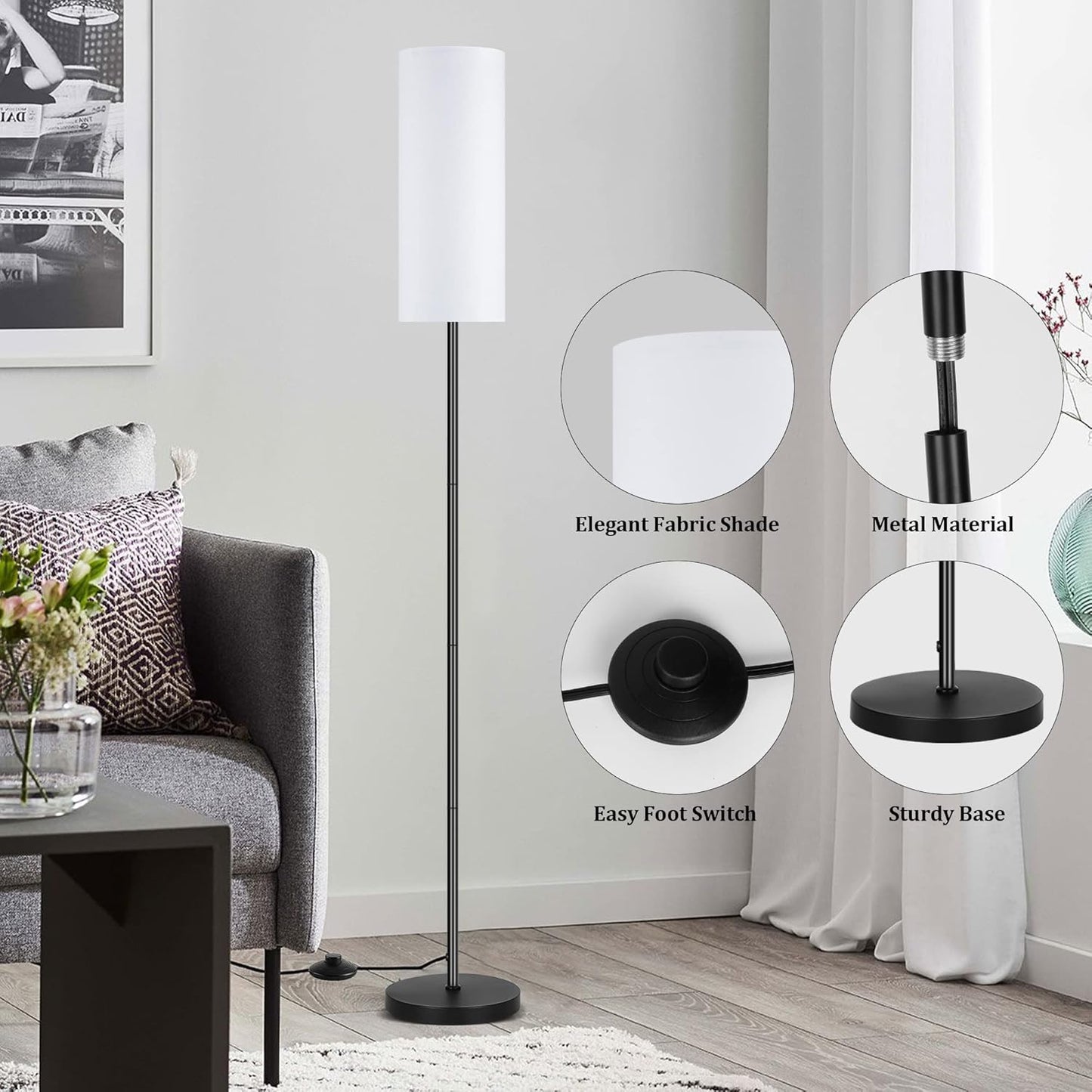 Bai Source Floor Lamp for Living Room, Modern Standing Lamps with Lampshade White