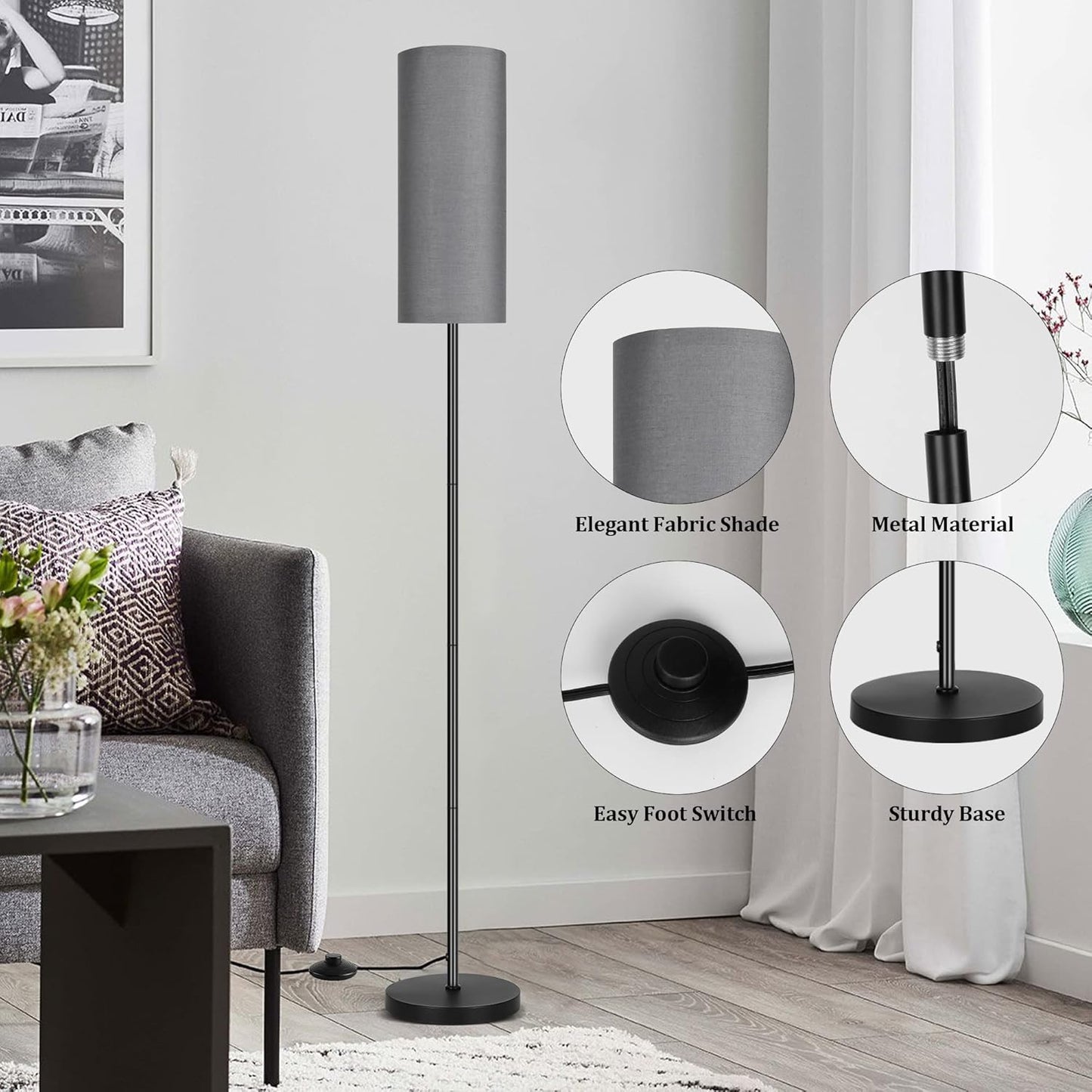 Bai Source Floor Lamp for Living Room, Modern Standing Lamps with Lampshade Gray