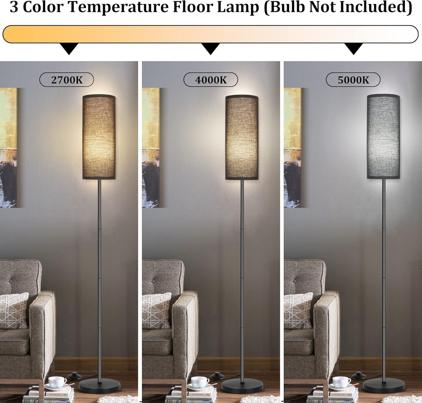 Bai Source Floor Lamp for Living Room, Modern Standing Lamps with Lampshade Black