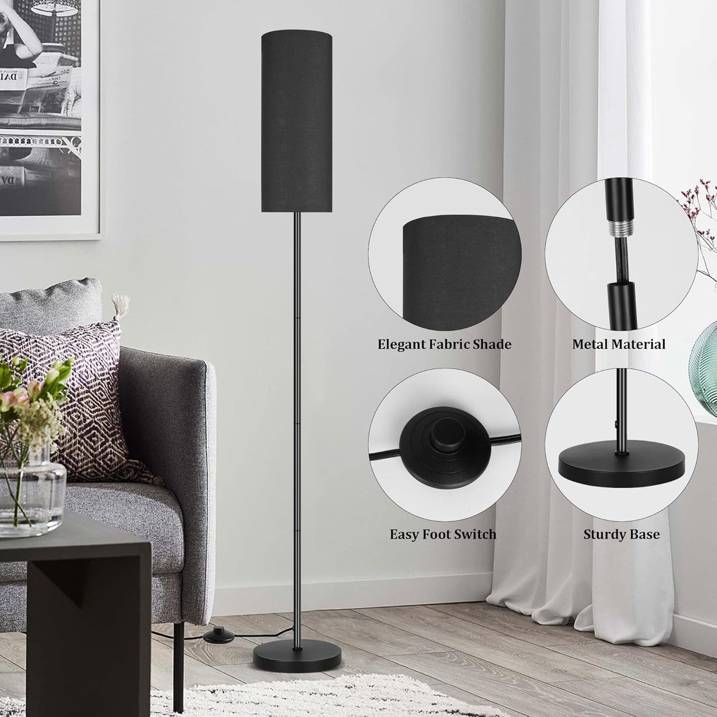 Bai Source Floor Lamp for Living Room, Modern Standing Lamps with Lampshade Black