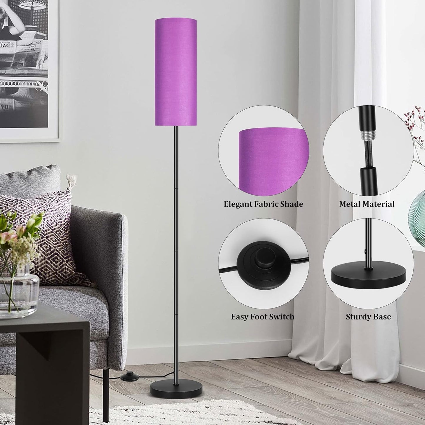 Bai Source Floor Lamp for Living Room, Modern Standing Lamps with Lampshade Purple