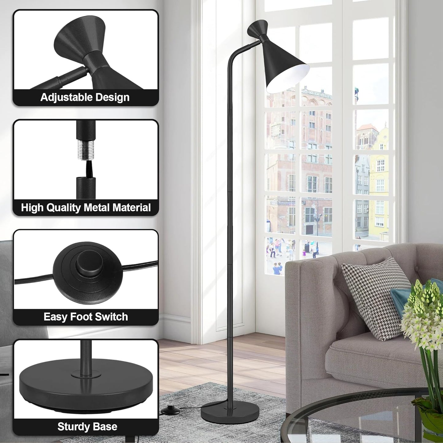 Bai Source Modern Adjustable Metal Heads Standing Lamps, Simple Design Black Floor Lamp