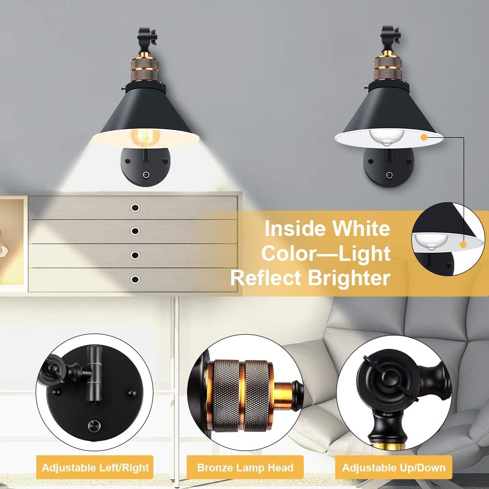 Bai Source Plug in Wall Sconces Swing Arm Wall Lamp with Dimmable On Off Switch, Metal Black Vintage Industrial Wall Mounted Lighting