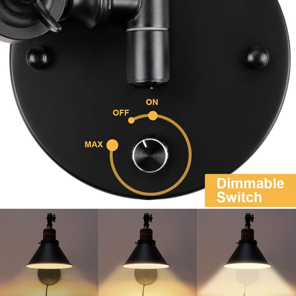 Bai Source Plug in Wall Sconces Swing Arm Wall Lamp with Dimmable On Off Switch, Metal Black Vintage Industrial Wall Mounted Lighting