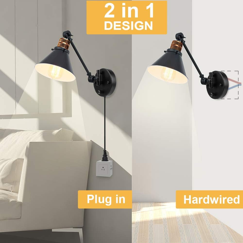 Bai Source Plug in Wall Sconces Swing Arm Wall Lamp with Dimmable On Off Switch, Metal Black Vintage Industrial Wall Mounted Lighting