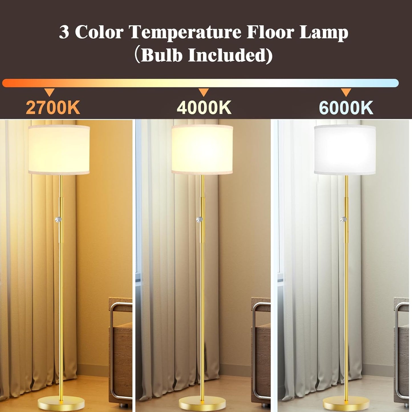 Bai Source Floor Lamp for Living Room Bedroom, 65’’ Modern Tall Lamp Simple Design Standing Lamps Gold